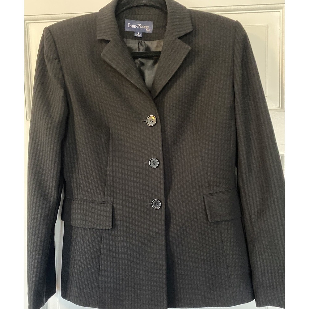 Evan-Picone Womens Blazer Black 3 Button Faux Pocket Long Sleeve SZ 6‎